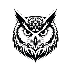 Obraz premium Striking monochrome owl head design, a powerful vector illustration embodying wisdom, vigilance, and the enigmatic spirit of the nocturnal wild