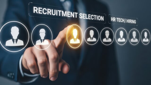 Recruitment selection and HR tech hiring interface, businessman choosing candidate from digital talent pool, human resources management concept