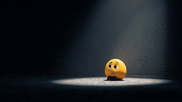 A lonely yellow emoji character sits dejectedly under a solitary spotlight in a dark room, symbolizing profound sadness, isolation, and introspection