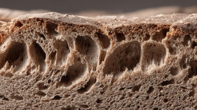 Close-up of Rustic Whole Grain Bread Texture Highlighting Crusty Surface and Air Pockets in Sliced Loaf Capturing Freshness and Artisan Craftsmanship