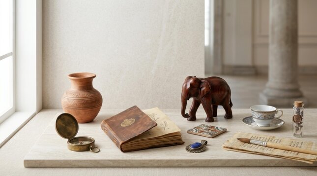 Artifacts and antiquities displayed for International Museum Day, collection of historic objects on a stone table, educational exhibit of world history