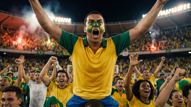 A man in a yellow and green jersey cheers with a crowd of people in a stadium