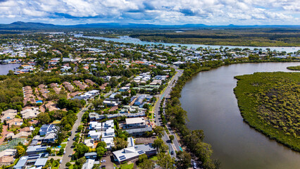 Aerial view of Noosa River bend with residential suburb Queensland Australia © aure50