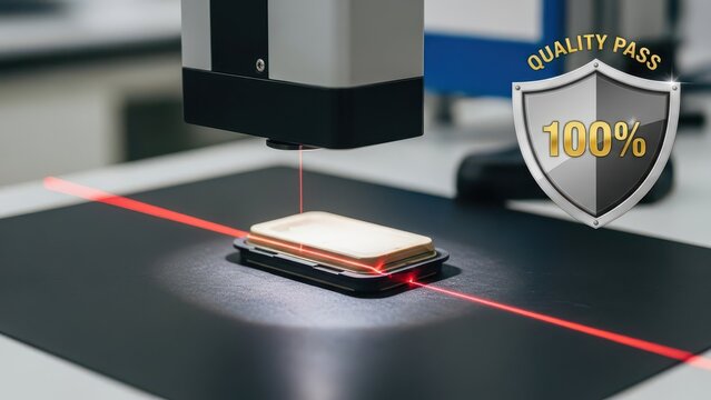 Automated laser inspection system for quality control, industrial precision measurement tool with red laser beam, quality pass 100 percent assurance badge