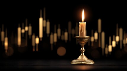 Fototapeta premium Elegant Candle Illuminating in Front of Blurred Golden Candlestick Chart in Dark Environment with Warm Glow and Soft Shadows Highlighting the Scene