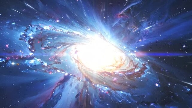 A bright spiral emits a powerful beam of light into deep space