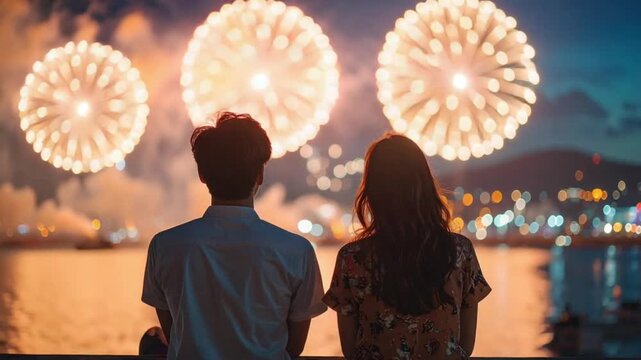 Couple watching vibrant fireworks display over city lights at night