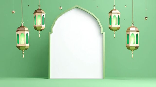 A decorative archway with hanging lanterns on a soft green background