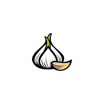 A stylized vector illustration of a garlic bulb and a single clove. The design features bold black outlines and subtle internal line work to define the segments of the garlic. A small green sprout eme
