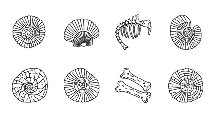 Fossil Collection: Ammonites, Shells, and Dinosaur Bones - Hand Drawn Icons © tempe
