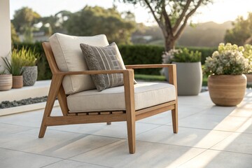 Fototapeta premium Modern wooden armchair with beige cushion on sunny patio, surrounded by greenery, showcasing minimalist outdoor lifestyle, comfort, relaxation, natural light, luxury furniture, and elegant design.
