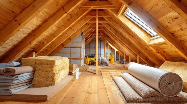 Narrow attic loft conversion in progress with exposed timber beams