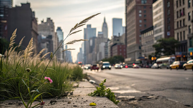 Motionless woman amid busy urban square scene concept. Urban landscape showcasing grass and flowers along busy street.