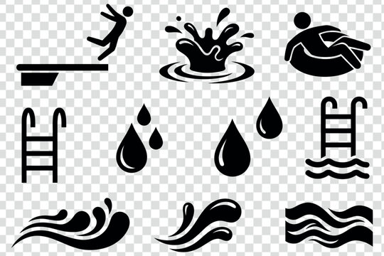 Collection of black water related icons including a diver splashing pool ladders and drops isolated on transparent background