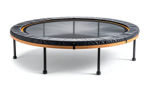 A round fitness trampoline with a black jumping surface and protective padding, elevated by sturdy legs against a white background
