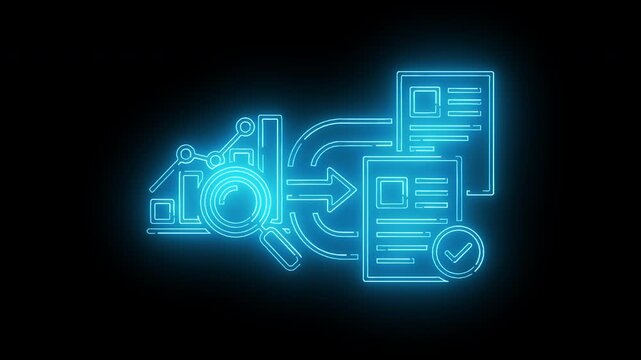 Neon-lit blue illustration of a camera transferring data to documents on a black background with a glowing effect.