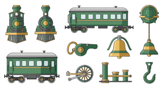 Vintage Train Set: Locomotives, Carriages, Whistle, Bell, Hook