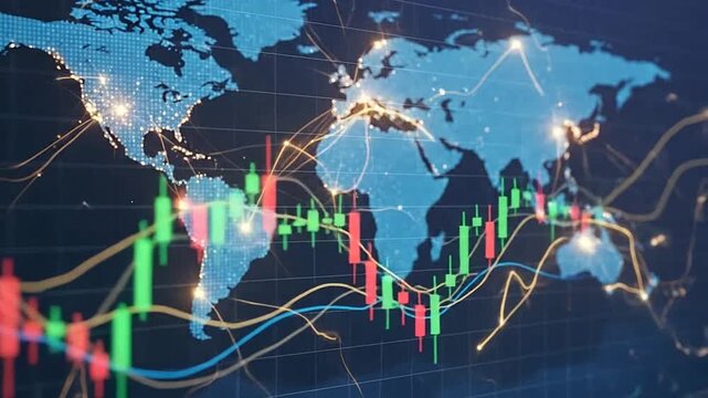 A digital financial chart showing global market trends on a dark background