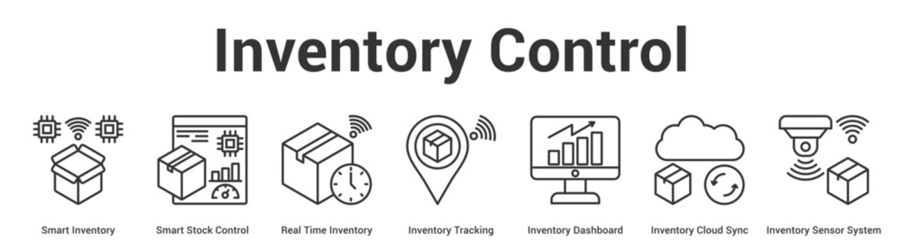 Inventory Control web banner icon set vector illustration concept for business with icon of Smart Inventory, Smart Stock Control, Real Time Inventory, Inventory Tracking, Inventory Dashboard, Invent.
