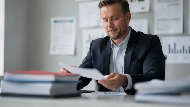 Focused medium shot of a finance expert explaining multiunit funding options for a fastcasual restaurant chain with paperwork and graphs softly out of focus.
