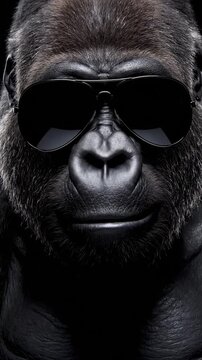 A large silverback gorilla wearing dark protective eyewear against a solid black background