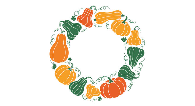 A circular wreath made of various hand-drawn pumpkins and gourds in orange and green with curling vines and leaves.