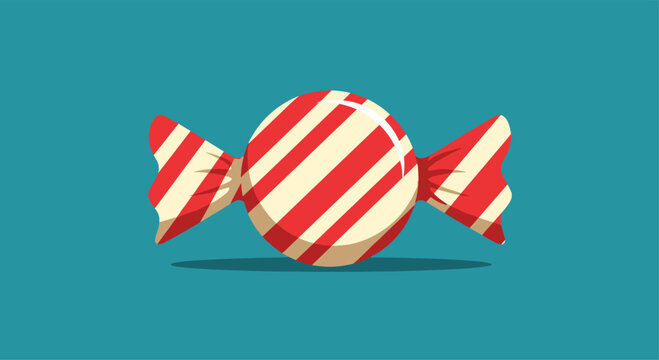 A classic round peppermint candy with red and cream stripes in a twisted wrapper casting a shadow on a solid teal blue background.