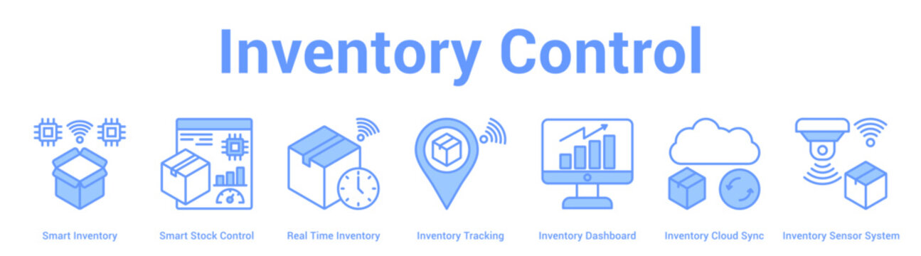 Inventory Control web banner icon set vector illustration concept for business with icon of Smart Inventory, Smart Stock Control, Real Time Inventory, Inventory Tracking, Inventory Dashboard, Invent.