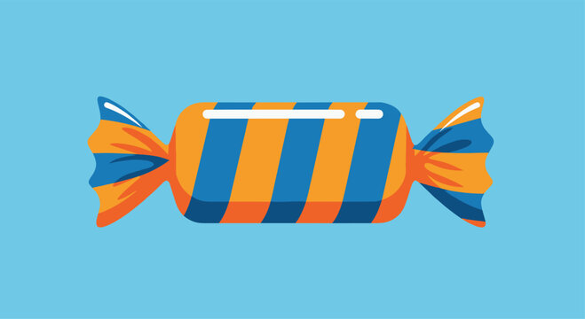A rectangular piece of hard candy in a twisted wrapper with diagonal orange and blue stripes isolated on a solid light blue background.