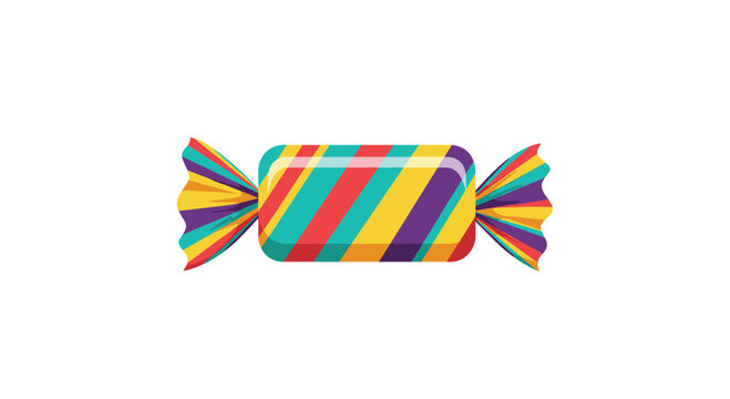 A vibrant rectangular candy in a twisted wrapper featuring a colorful pattern of diagonal stripes isolated on a white background.