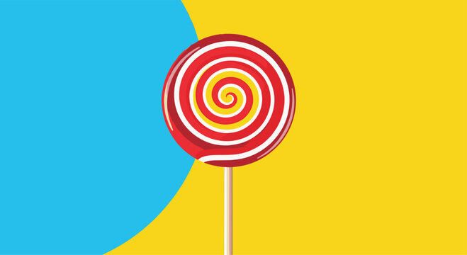 A classic red and yellow spiral lollipop on a wooden stick presented against a vibrant two-tone blue and yellow background.