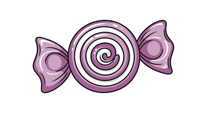 A shiny hand-drawn piece of round candy with a purple and white spiral pattern inside a transparent purple twisted wrapper.