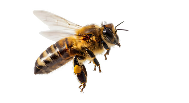Honey bee flying on white background, macro honeybee with pollen, isolated apis mellifera insect
