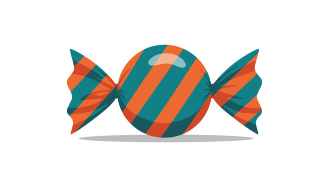 A shiny round piece of candy with diagonal orange and teal stripes in a twisted wrapper casting a shadow on a white background.