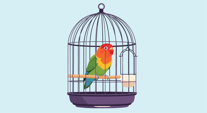 A colorful lovebird parrot with green red and orange plumage sitting on a perch inside a vintage-style birdcage on a blue background.
