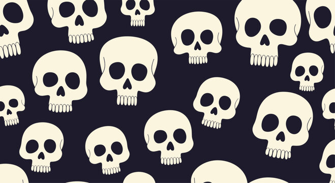 A spooky seamless pattern of repeating simple cartoon skulls of various sizes on a solid dark background for a halloween theme.