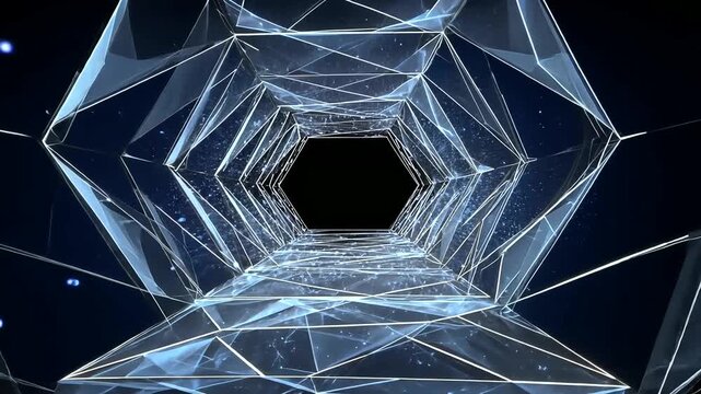 Tunnel formed of geometric shapes with blue accents, leading to a black void
