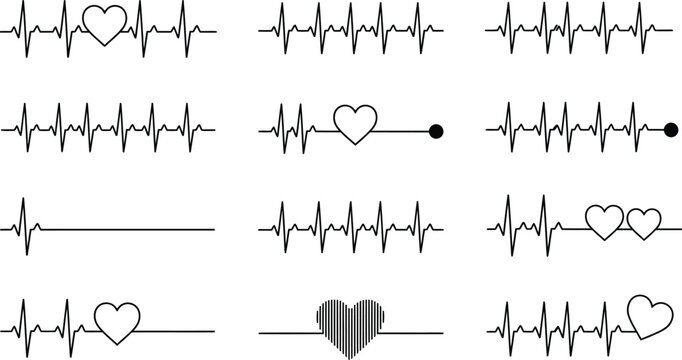 Medical heartbeat line icons, 12 pulse rate vector elements, EKG heart rhythm set for health