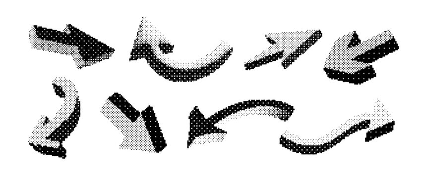 Black halftone arrow symbol collection. Dotted arrowhead shape set. Comic pop art direction or navigation icon bundle. Vector bitmap curved and straight pointer sign pack for infographic report poster