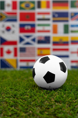 Soccer ball on green grass with blurred international flags in the background. Concept of world cup, global football tournament, international teams and world championship. © Leonardo
