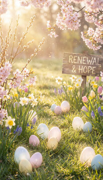 Bright luminous Easter scene. Warm sunlight, white and pastel-colored eggs gently glowing from within. Fresh blooming branches, soft green grass, and delicate spring flowers. Renewal and hope.