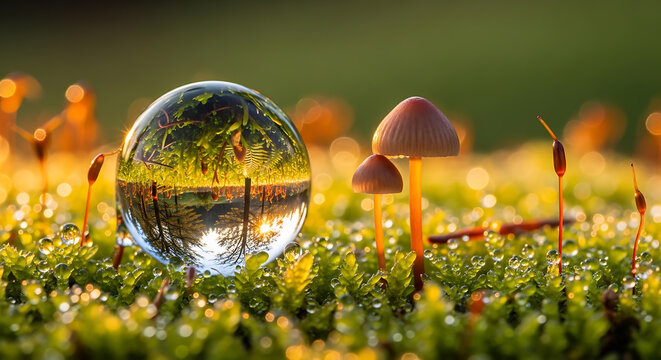 Magical macro world of tiny mushrooms and crystal glass sphere reflecting forest landscape on dew covered green moss, dreamy nature fantasy scene with golden sunrise bokeh,
