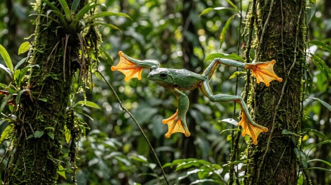 Vibrant Rhacophorus pardalis, a flying frog, gliding through the lush rainforest.