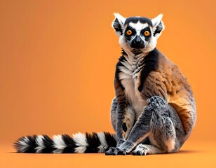 Fototapeta premium A ring-tailed lemur sits calmly, gazing at the viewer with bright orange eyes, against a vibrant orange backdrop