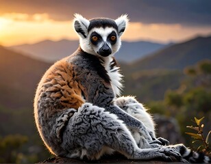 Fototapeta premium A ring-tailed lemur sits atop a rocky outcropping, bathed in the warm light of a sunset over mountainous terrain. The animal looks directly at the viewer