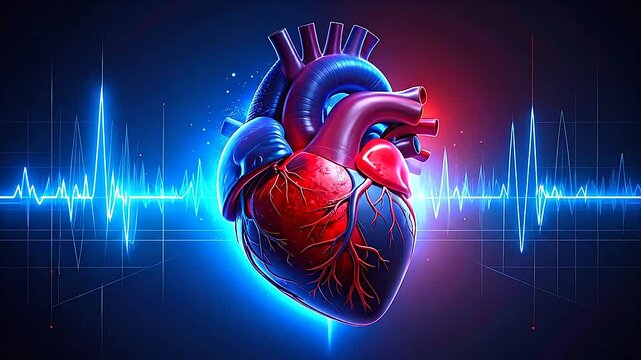 A glowing anatomical human heart model with a digital pulse wave background