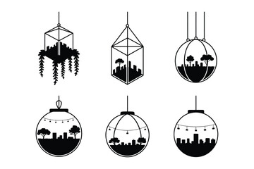 Naklejka premium Terrarium cityscapes with hanging plants and abstract geometric shapes, abstract