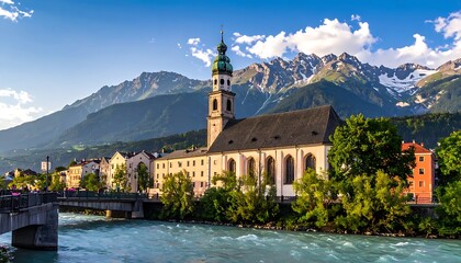 Fototapeta premium A scenic vista showcasing a vibrant turquoise river, bridge, and European town. Majestic mountains grace the backdrop under a clear blue sky