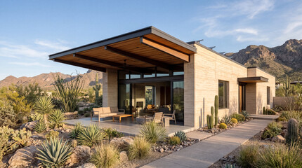 Fototapeta premium Modern earth house with cantilevered roof desert