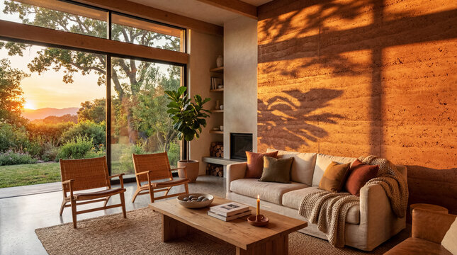 Living room with tree shadows on rammed earth wall